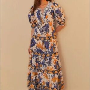FARM Rio Blue & Mustard Floral Tiered Maxi Dress